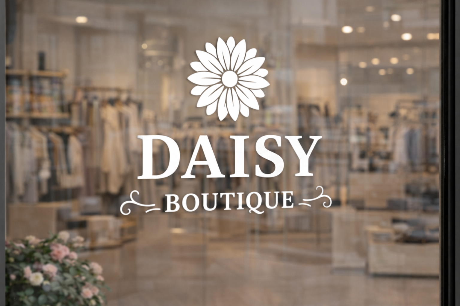 cut-out vinyl etalage stickers met de tekst daisy boutique op winkelraam